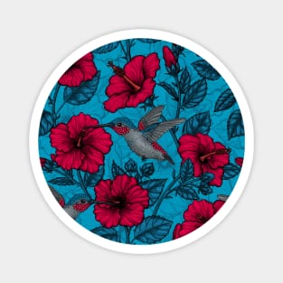 Red hibiscus and hummingbirds, tropical garden on light blue Magnet